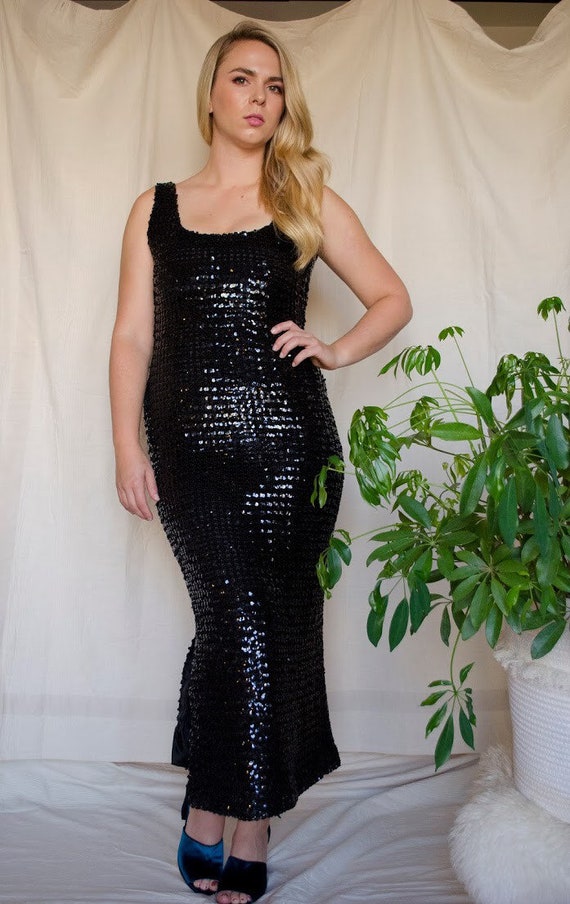 Vintage Black Sequin Body Con Maxi Formal Dress w… - image 6