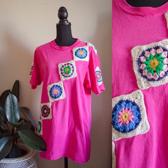 Vintage Pink Crochet Appliqué Tee Shirt