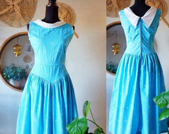 Vintage 1950s Blue Cotton Sleeveless Day Dress with Mockneck and Hand Painted Details