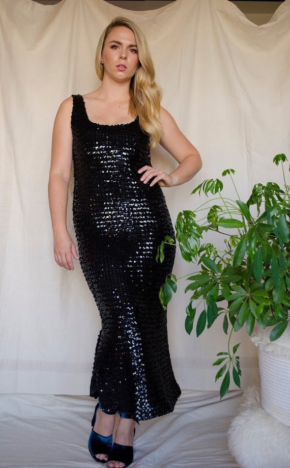 Vintage Black Sequin Body Con Maxi Formal Dress w… - image 3