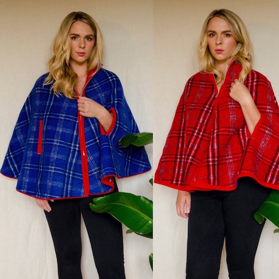 Vintage 1950s 1960s Plaid Wool Reversible Cape Re… - image 1