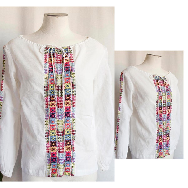 Vintage Womens White Boho Blouse With Multi Color Embroidery
