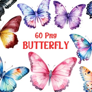 Clipart de borboleta aquarela, clipart de natureza, borboletas roxas, borboleta rosa, fundo transparente, pacote premium de 60 Png