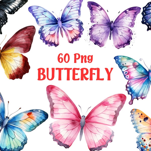 Watercolor Butterfly Clipart, Nature Clipart, Purple Butterflies, Pink Butterfly, Transparent Background, 60 Png Premium Bundle