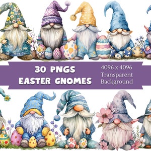 Watercolor Easter Gnome Clipart, Gnome Sublimation, Easter Png Design, Floral Gnome Clipart, Transparent Background, 30 Pngs Bundle
