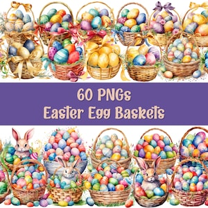 Cesta De Páscoa Em Aquarela Clipart, Dia De Páscoa Png, Cesta De Ovos Png, Sublimação De Páscoa, Uso Comercial, Fundo Transparente, Pacote De 60 Png