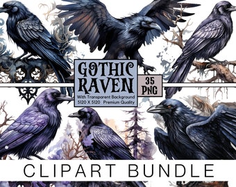Watercolor Gothic Raven Clipart, Black Raven Png, Gothic Bird Png, Raven Sublimation, Mystical Clipart, Transparent Background, Bundle Of 35
