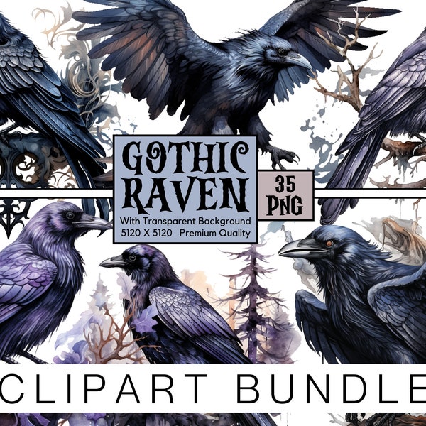 Watercolor Gothic Raven Clipart, Black Raven Png, Gothic Bird Png, Raven Sublimation, Mystical Clipart, Transparent Background, Bundle Of 35