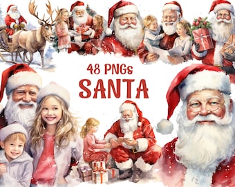 Watercolor Santa Png, Santa Claus Clipart, Santa Graphic, Santa Digital Design, Sublimation, Transparent Background, 48 Png Premium Bundle