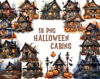 Aquarell Halloween Cabin Clipart, Halloween Png Design, Transparenter Hintergrund, Premium Qualität, 18 Png Halloween Cabins Bundle