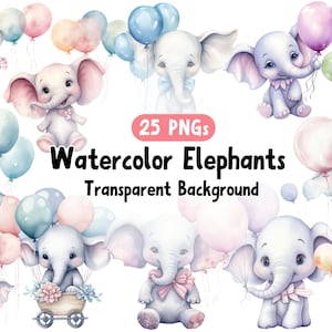 Clipart de elefante bebê aquarela, elefante de chá de bebê, clipart de animal fofo, uso comercial, fundo transparente, pacote premium de 25 Png