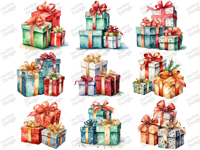 Watercolor Christmas Presents Png, Presents Clipart, Cute Gifts Clipart, Png Sublimation File, Transparent Background, 38 Png Premium Bundle