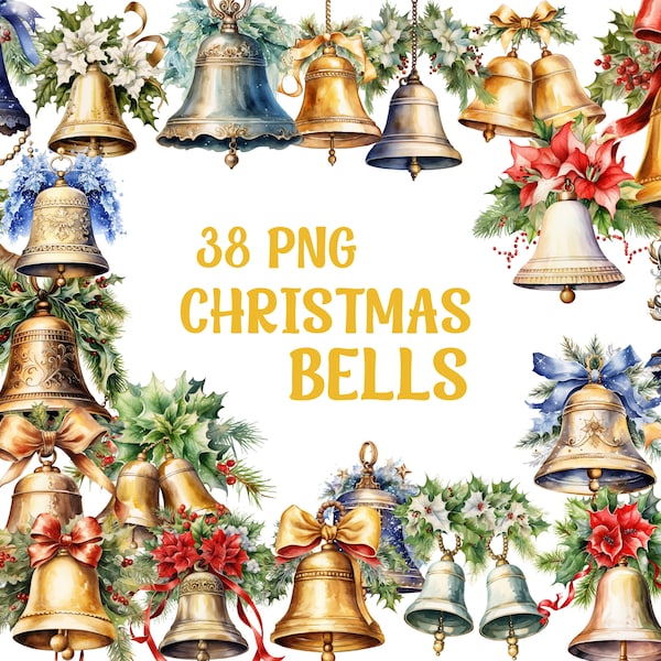 Watercolor Christmas Bells Clipart, Christmas Png Design, Transparent Background, Premium Quality, 38 Png Christmas Bells Bundle