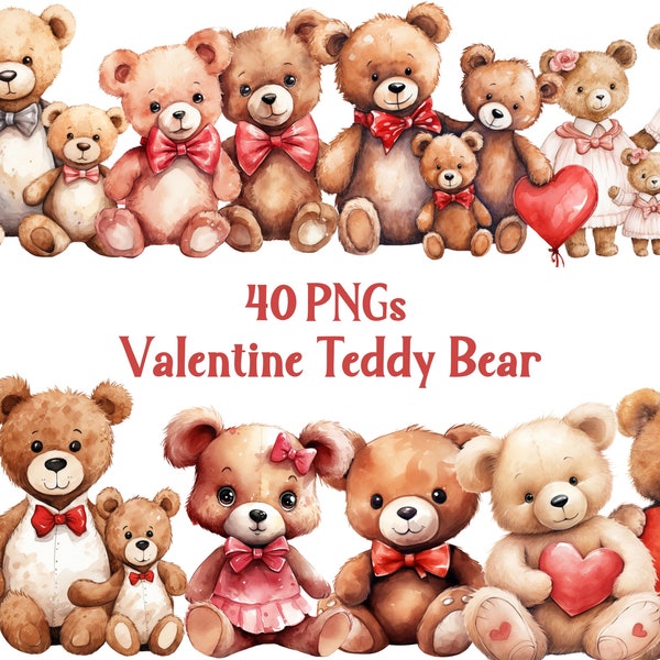 Watercolor Valentine Teddy Bear Clipart, Valentines Day Gift, Romantic Clipart, Cute Teddy Bear, Transparent Background, 40 Png Bundle