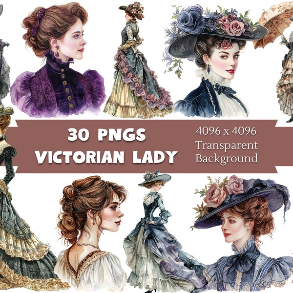 Watercolor Victorian Lady Clipart, Vintage Girl Clipart, Old Fashioned, Digital Sublimation, Commercial Use, 30 Pngs Bundle