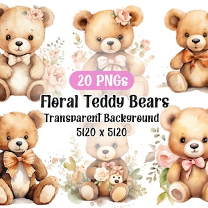 Aquarell Teddybär Clipart, Blumen Teddybär Png, niedlicher Teddybär Png, Bär Sublimation, transparenter Hintergrund, 20 Png Premium Bundle