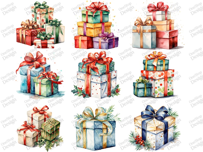 Watercolor Christmas Presents Png, Presents Clipart, Cute Gifts Clipart, Png Sublimation File, Transparent Background, 38 Png Premium Bundle