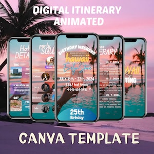 Travel Itinerary Template Birthday Weekend, Canva Template, Weekend Itinerary, Birthday Invitation, Girls Trip Itinerary, 6 templates