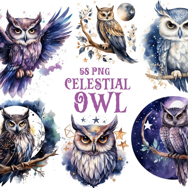 Watercolor Celestial Owl Png, Mystical Owl, Magical Owl Sublimation, Celestial Graphics, Transparent Background, 58 Png Premium Bundle