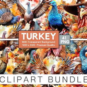 Watercolor Turkey Png, Thanksgiving Clipart, Fall Png Design, Turkey Sublimation, Transparent Background, 41 Png Turkey Premium Bundle