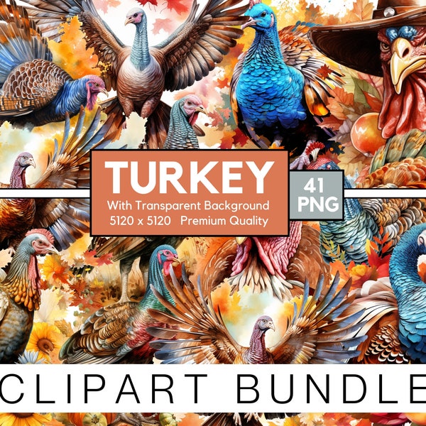 Watercolor Turkey Png, Thanksgiving Clipart, Fall Png Design, Turkey Sublimation, Transparent Background, 41 Png Turkey Premium Bundle