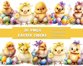 Watercolor Easter Chick Clipart, Baby Chick Png, Spring Clipart, Easter Craft Clipart, Commercial Use, Transparent Background, 40 Png Bundle