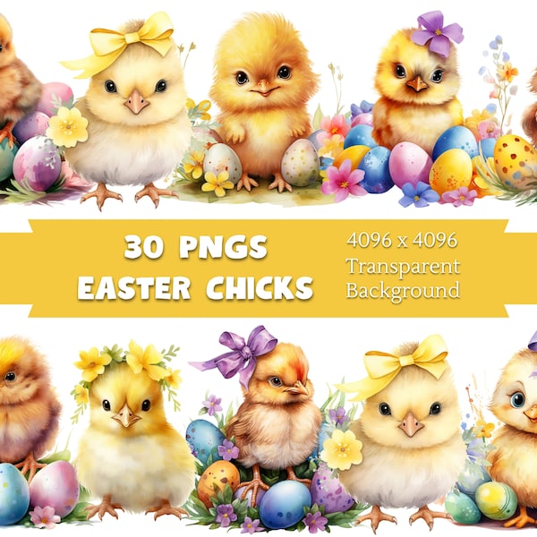 Watercolor Easter Chick Clipart, Baby Chick Png, Spring Clipart, Easter Craft Clipart, Commercial Use, Transparent Background, 40 Png Bundle