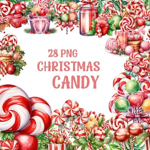 Watercolor Christmas Candy Clipart, Candy Cane Png, Christmas Sweets, Transparent Background, Premium Quality, 28 Png Christmas Candy Bundle