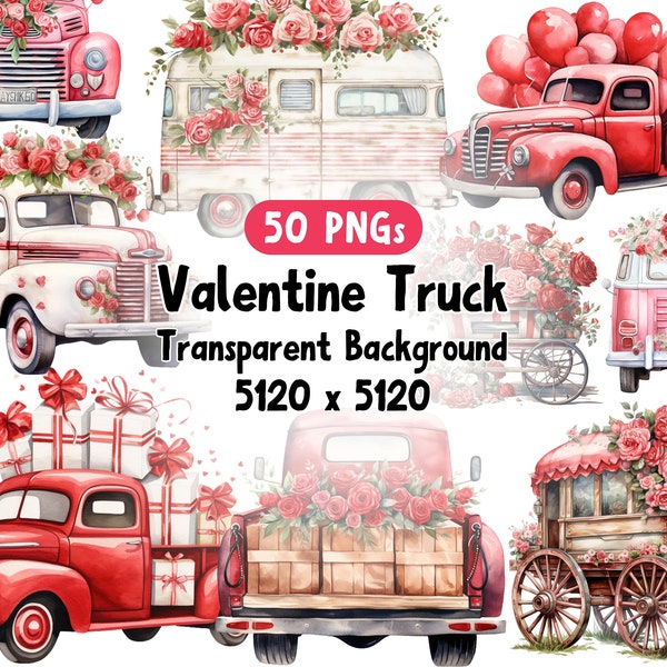 Watercolor Valentine Clipart, Valentine Truck Clipart, Valentines Day Png, Commercial Use, Transparent Background, 50 Png Premium Bundle