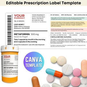 Modelo de rótulo de prescrição editável, modelo Canva, rótulo de frasco de comprimidos, rótulo de medicamento para impressão, rótulo de frasco de prescrição personalizado