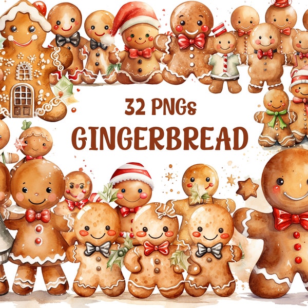 Aquarell Lebkuchenmann Png, Lebkuchen Clipart, Winter Clipart, süße Weihnachten Png, transparenter Hintergrund, 32 Png Premium Bundle