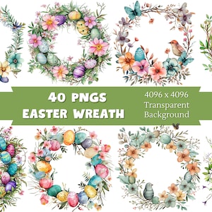 Watercolor Easter Wreath Clipart, Easter Png Design, Easter Graphics, Spring Clipart, Commercial Use, Transparent Background, 40 Pngs Bundle, Watercolor Clipart, Cottagecore Easter, Cute Easter Clipart, Commercial Use, Watercolor Easter, Sublimation