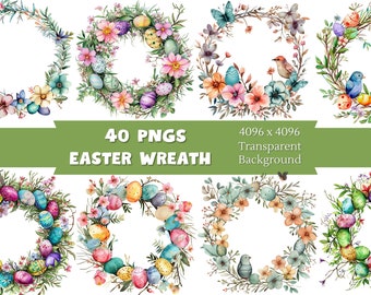 Watercolor Easter Wreath Clipart, Easter Png Design, Easter Graphics, Spring Clipart, Commercial Use, Transparent Background, 40 Pngs Bundle