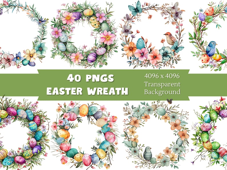 Watercolor Easter Wreath Clipart, Easter Png Design, Easter Graphics, Spring Clipart, Commercial Use, Transparent Background, 40 Pngs Bundle, Watercolor Clipart, Cottagecore Easter, Cute Easter Clipart, Commercial Use, Watercolor Easter, Sublimation