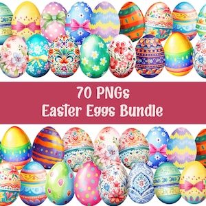 Watercolor Easter Eggs Clipart, Happy Easter Png, Easter Sublimation, Easter Designs, Commercial Use, Transparent Background, 70 Pngs Bundle