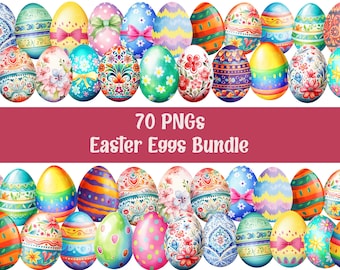 Watercolor Easter Eggs Clipart, Happy Easter Png, Easter Sublimation, Easter Designs, Commercial Use, Transparent Background, 70 Pngs Bundle
