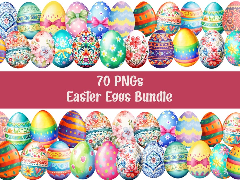 Watercolor Easter Eggs Clipart, Happy Easter Png, Easter Sublimation, Easter Designs, Commercial Use, Transparent Background, 70 Pngs Bundle