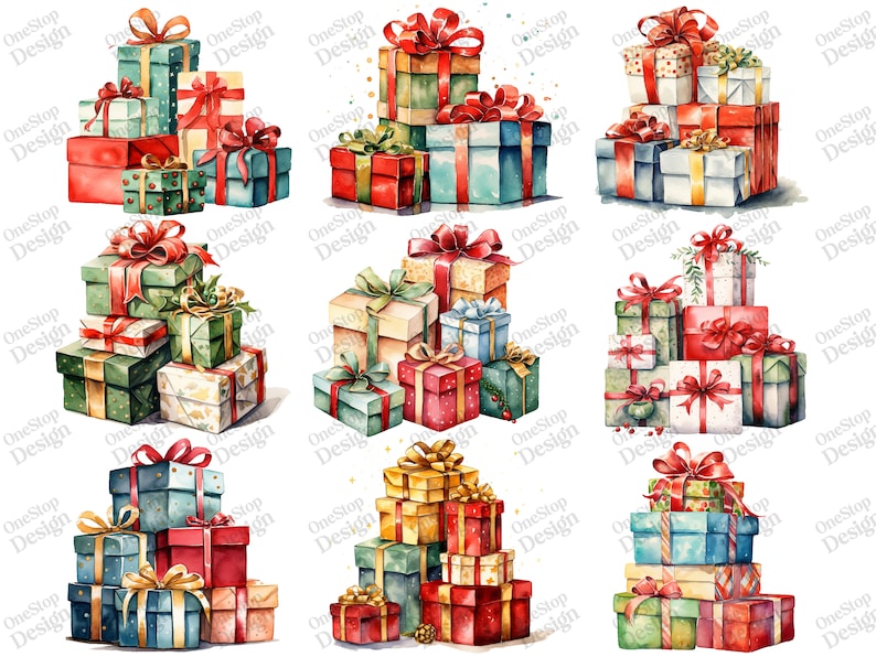 Watercolor Christmas Presents Png, Presents Clipart, Cute Gifts Clipart, Png Sublimation File, Transparent Background, 38 Png Premium Bundle