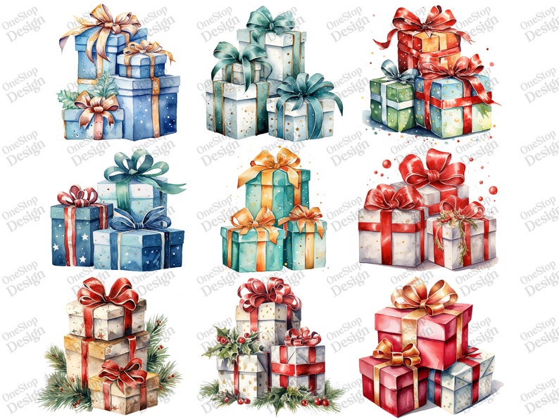 Watercolor Christmas Presents Png, Presents Clipart, Cute Gifts Clipart, Png Sublimation File, Transparent Background, 38 Png Premium Bundle