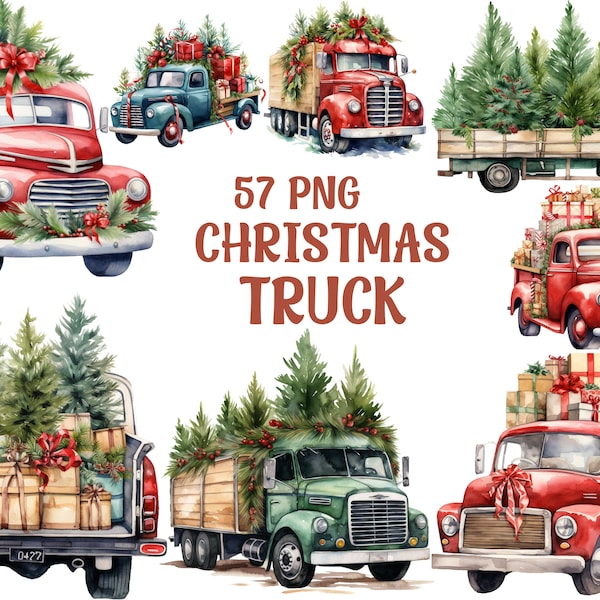 Aquarell Weihnachts-LKW Png, Roter LKW Clipart, Vintage-LKW Png, Weihnachts-LKW-Baum, transparenter Hintergrund, 57 Png Premium Bundle