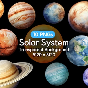 Aquarel zonnestelsel clipart, planeten clipart, aarde png, Jupiter png, Saturnus png, commercieel gebruik, transparante achtergrond, 10 png-bundel