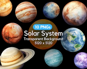 Aquarell Sonnensystem Clipart, Planeten Clipart, Erde Png, Jupiter Png, Saturn Png, kommerzielle Nutzung, transparenter Hintergrund, 10 Png Bundle