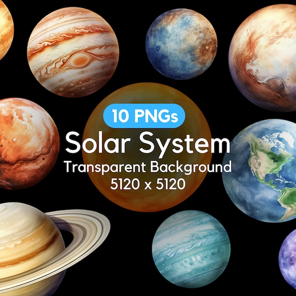 Watercolor Solar System Clipart, Planets Clipart, Earth Png, Jupiter Png, Saturn Png, Commercial Use, Transparent Background, 10 Png Bundle