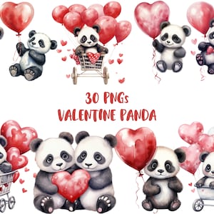 Aquarela Valentine Panda Clipart, Love Clipart, Cute Panda Png, Baby Animal, Uso Comercial, Fundo Transparente, Pacote de 30 Png