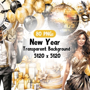 Clipart de ano novo em aquarela, clipart de celebração, feliz ano novo png, festa de ano novo, uso comercial, fundo transparente, pacote de 80 png