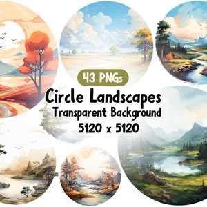 Imágenes prediseñadas de paisajes de círculo de acuarela, imágenes prediseñadas de la naturaleza, paisajes de montaña, png de moda, uso comercial, fondo transparente, paquete de 43 png
