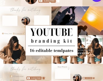 Neutral Youtube Branding Kit, Youtube Thumbnail, Youtube Banner, Youtube Intro Outro, Editable Canva Template, Minimal Youtube Kit