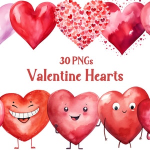 Watercolor Valentine Heart Png, Romantic Clipart, Valentine Design, Heart Sublimation, Commercial Use, Transparent Background, 30 Png Bundle