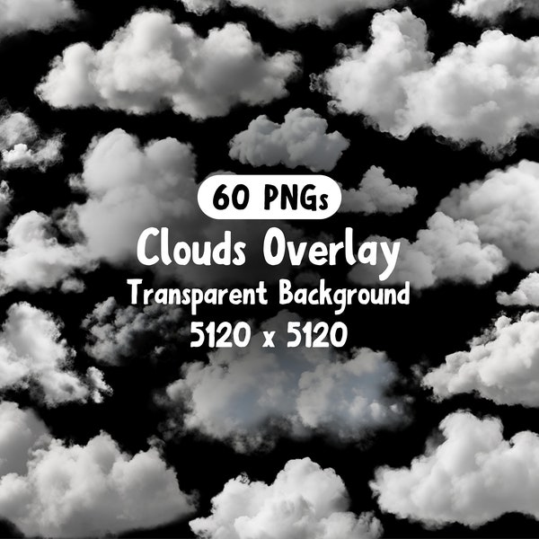 Wolken Overlay, Digitale Wolken, Wolken Photoshop, Fotografie Overlays, Kommerzielle Nutzung, Transparenter Hintergrund, 60 Png Premium Bundle