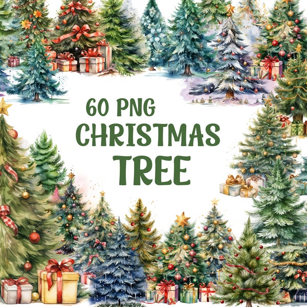 Aquarell Weihnachtsbaum Clipart, Weihnachtsbaum Png, Weihnachtsdekor, transparenter Hintergrund, Premium-Qualität, 60 Png Weihnachtsbaum Bündel